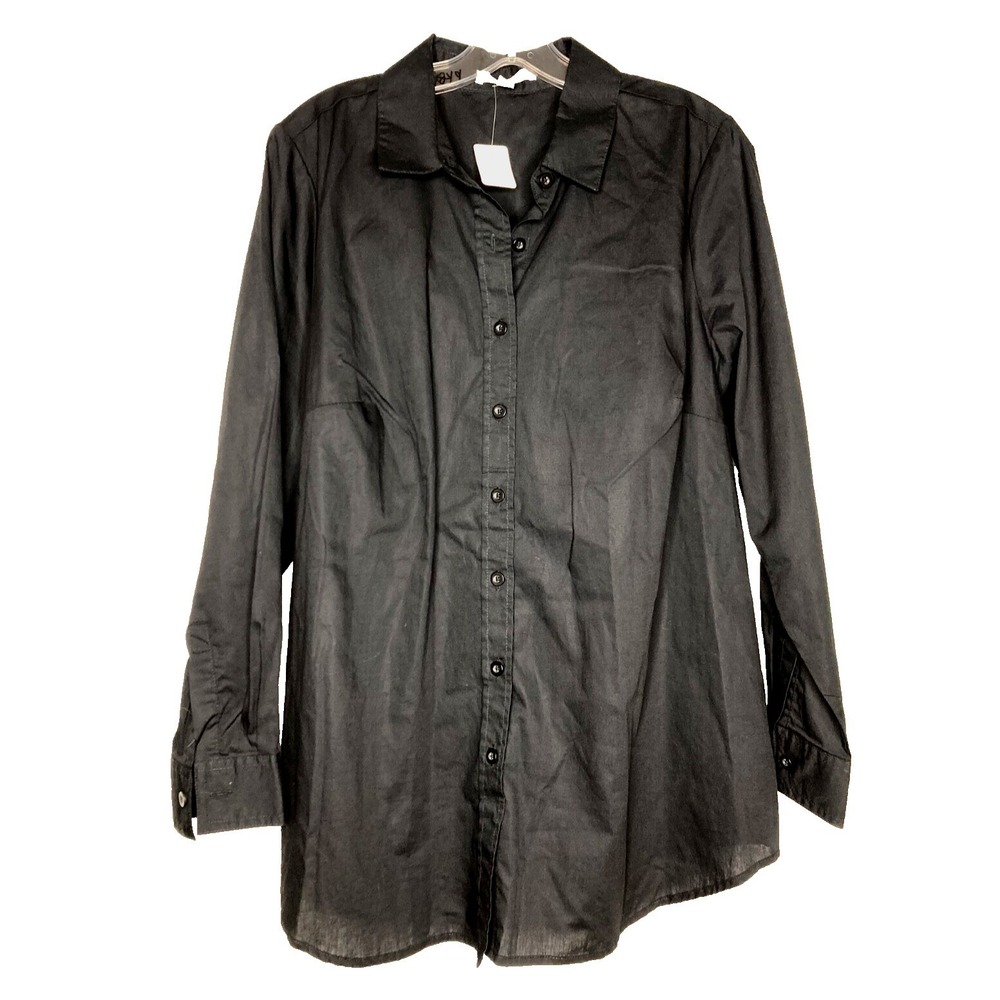 WOMAN WITHIN Blouse Women Size 14/16 Black Button Front Collared Long Sleeve